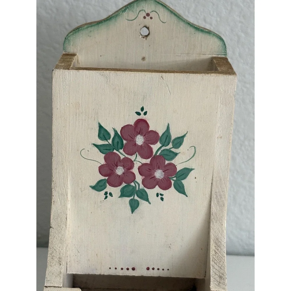 Vintage Wooden Matchbox Holder Hand Painted Floral